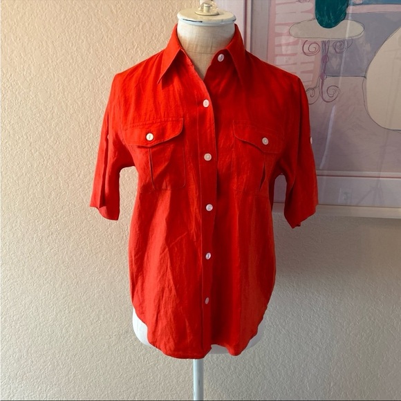 Lauren Ralph Lauren Petite Red Linen Short Sleeve Button Down Shirt - Picture 1 of 12